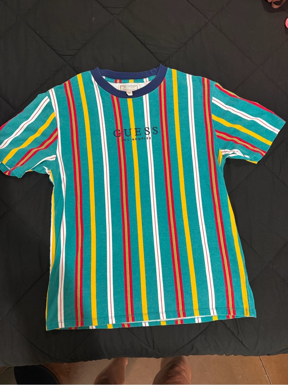 GUESS Teal Multicolor Vertical Stripe Tee with Navy Collar